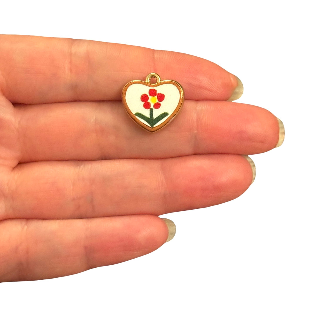 Red Flower Heart Double-Sided Printed Enamel 24Kt Gold Plated Charm – 17x18mm