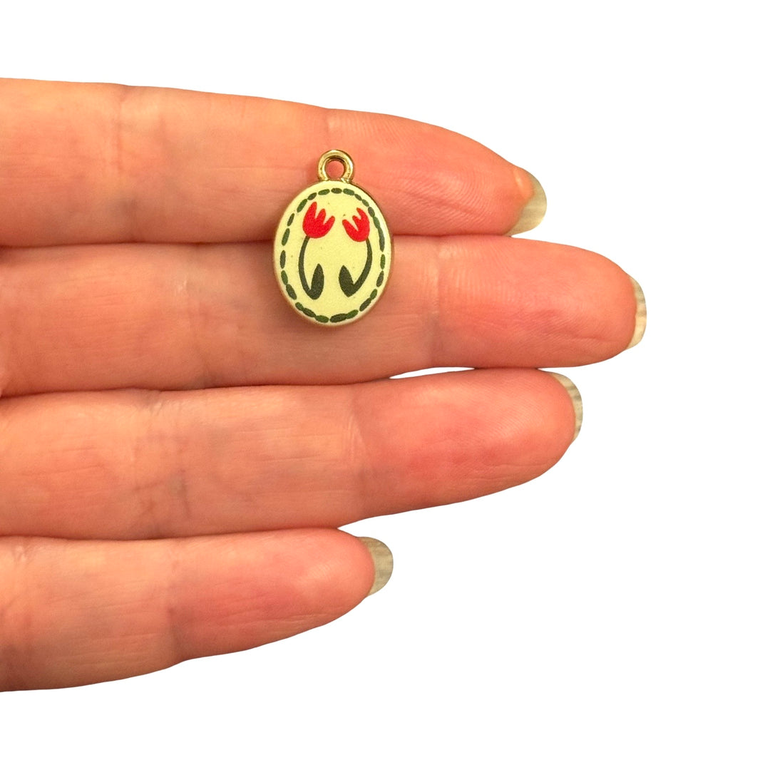 Twin Red Tulip Oval Double-Sided Printed Enamel 24Kt Gold Plated Charm – 20x14mm