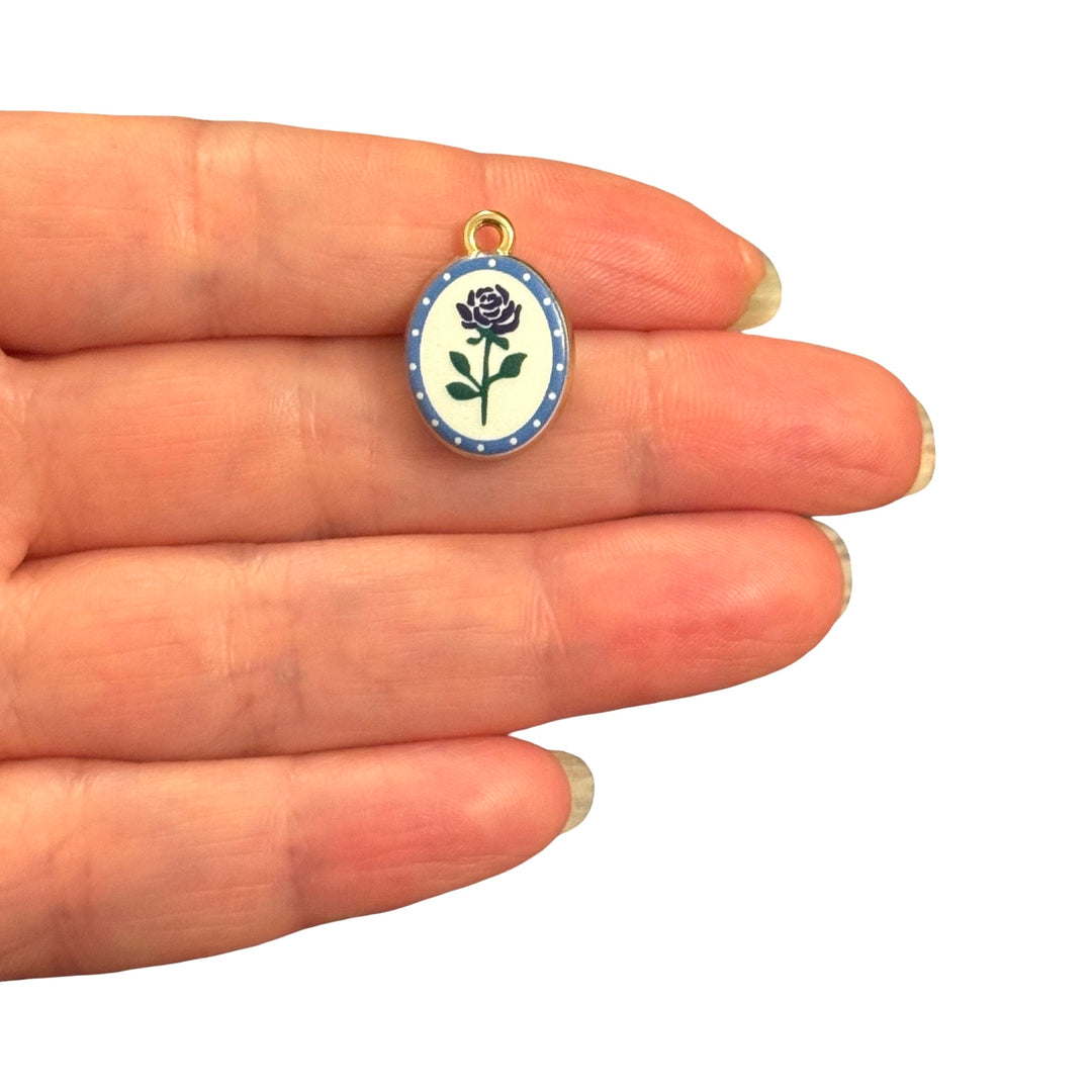 Blue Rose Oval Double-Sided Printed Enamel 24Kt Gold Plated Charm – 20x14mm