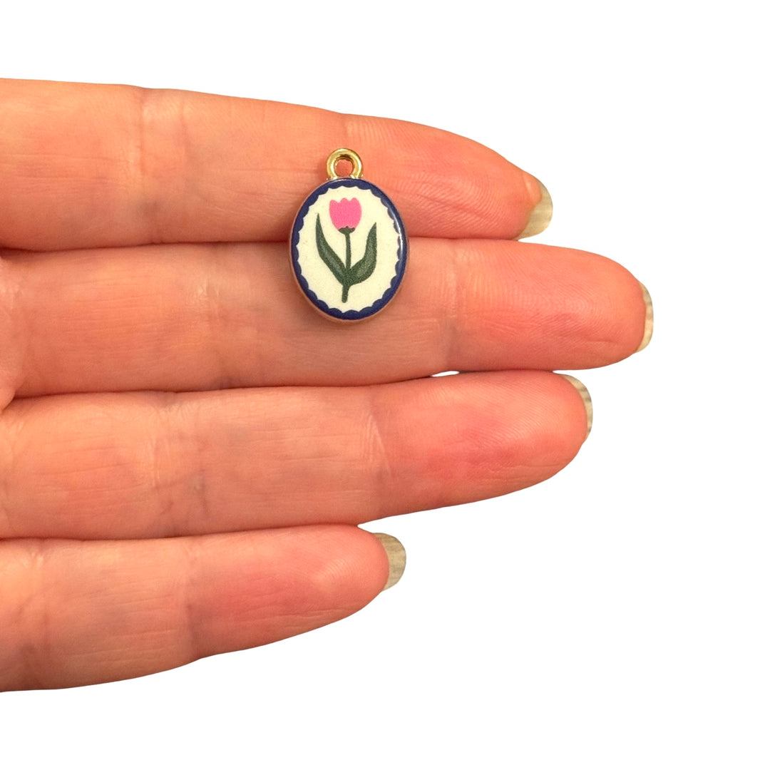 Pink Tulip Oval Double-Sided Printed Enamel 24Kt Gold Plated Charm – 20x14mm