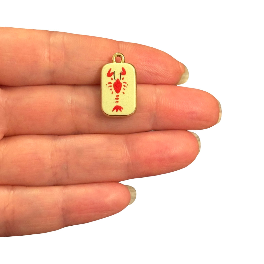 Red Lobster Rectangle Double-Sided Printed Enamel 24Kt Gold Plated Charm – 21x12mm