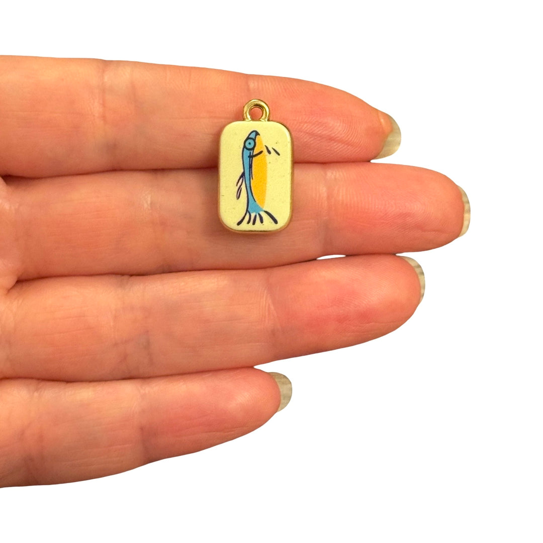 Whimsical Blue Sardine Fish Double-Sided Printed Enamel 24Kt Gold Plated Charm – 21x12mm