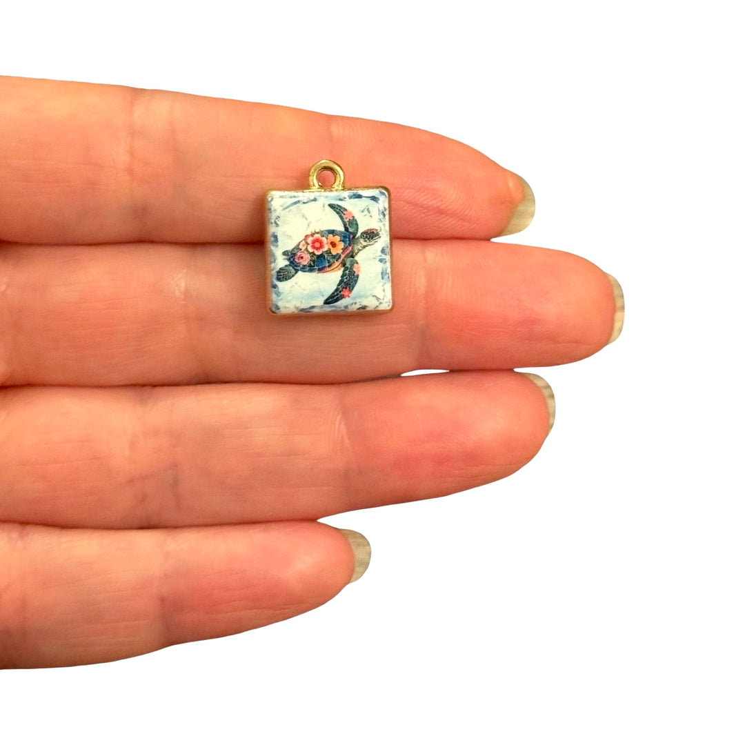 Floral Sea Turtle Square Double-Sided Printed Enamel 24Kt Gold Plated Charm – 18x15mm