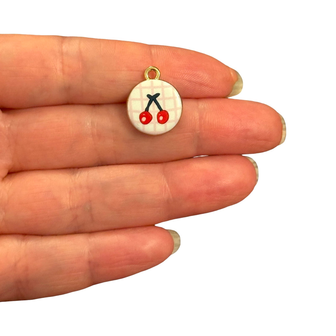 Red Cherry Pair on Pink Gingham Double-Sided Printed Enamel 24Kt Gold Plated Charm – 18x15mm