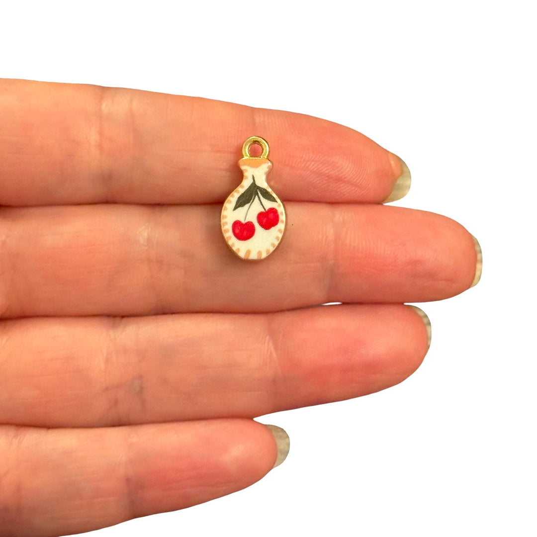 Red Cherry Vase Double-Sided Printed Enamel 24Kt Gold Plated Charm – 19x10mm