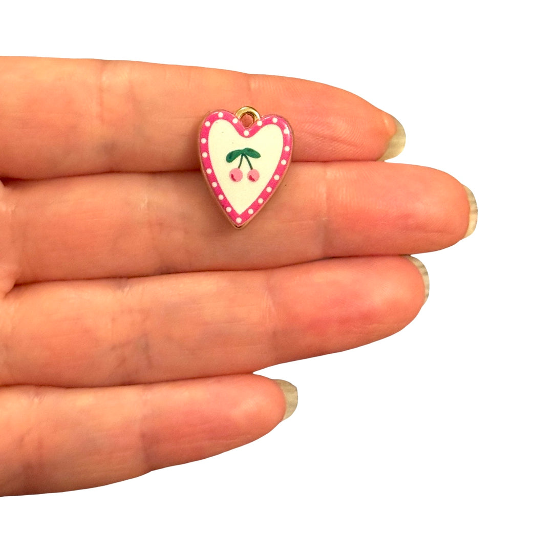 Pink Cherry Polka Dot Heart Double-Sided Printed Enamel 24Kt Gold Plated Charm – 19x15mm