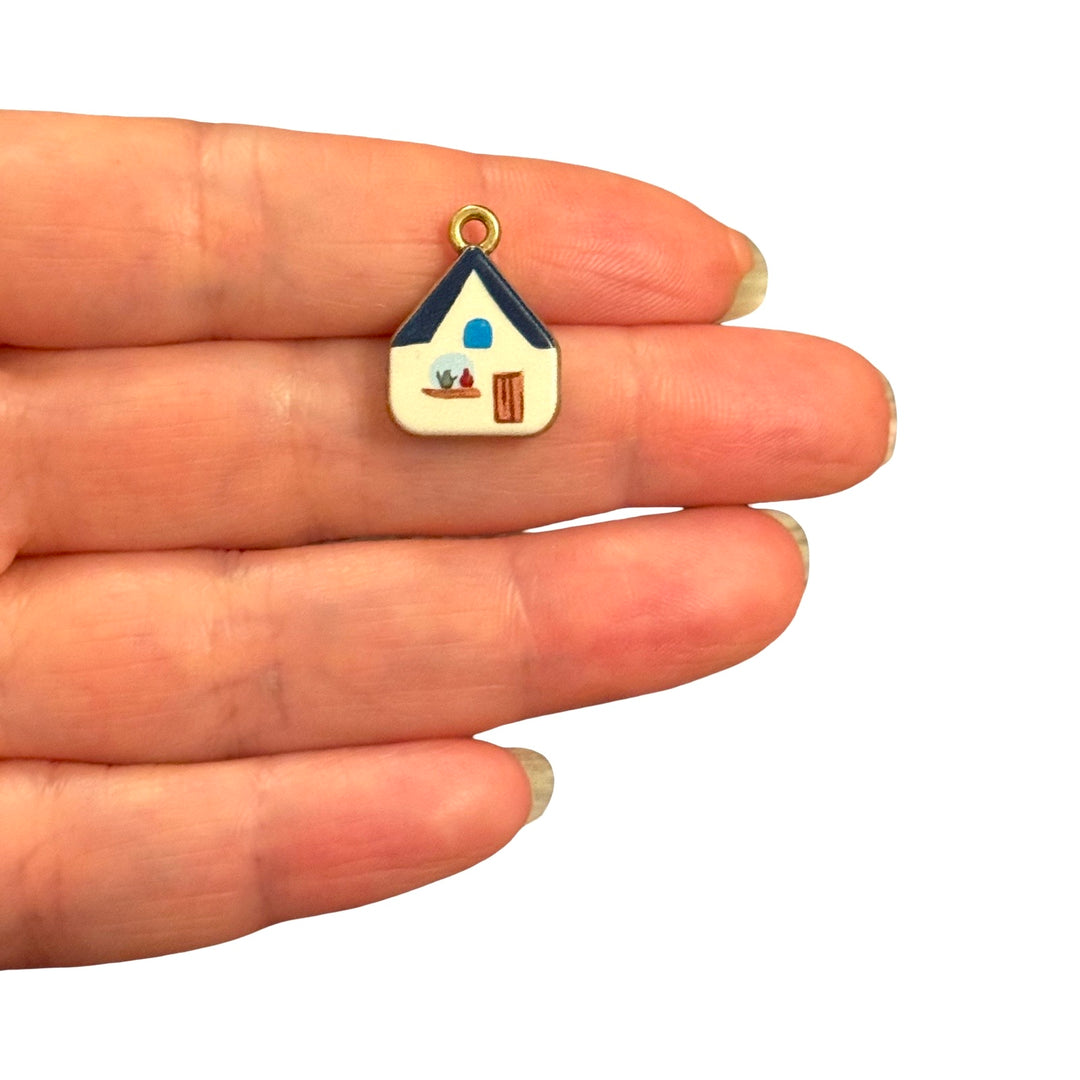 Blue Roof Cottage Double-Sided Printed Enamel 24Kt Gold Plated Charm – 19x14mm