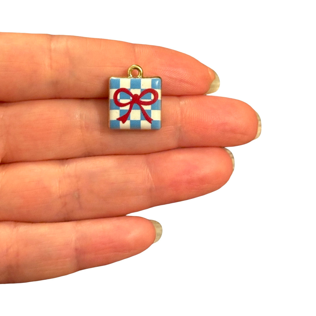 Red Bow on Blue Checkerboard Double-Sided Printed Enamel 24Kt Gold Plated Charm – 18x15mm