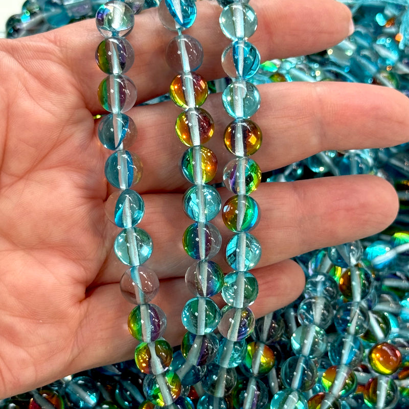 Aurora Borealis Aqua Mermaid Beads – Iridescent Round Glass Beads 8mm, 47 Beads per Strand