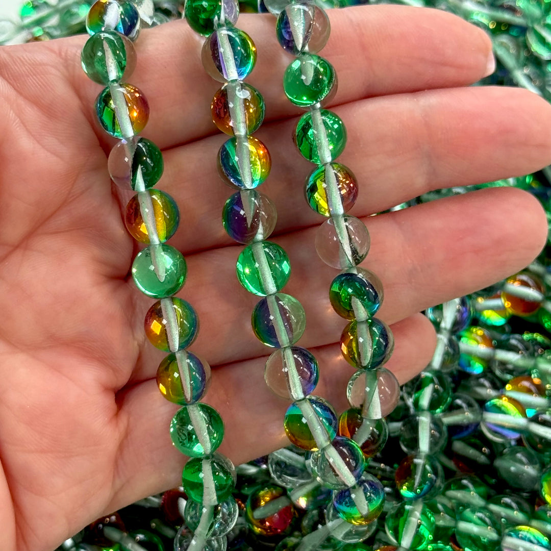 Aurora Borealis Green Mermaid Beads – Iridescent Round Glass Beads 8mm, 47 Beads per Strand