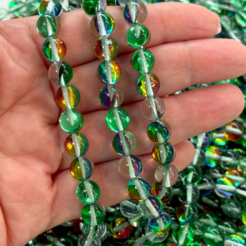 Aurora Borealis Green Mermaid Beads – Iridescent Round Glass Beads 8mm, 47 Beads per Strand