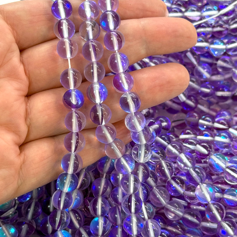 Aurora Borealis Lavender Mermaid Beads – Iridescent Round Glass Beads 8mm, 47 Beads per Strand