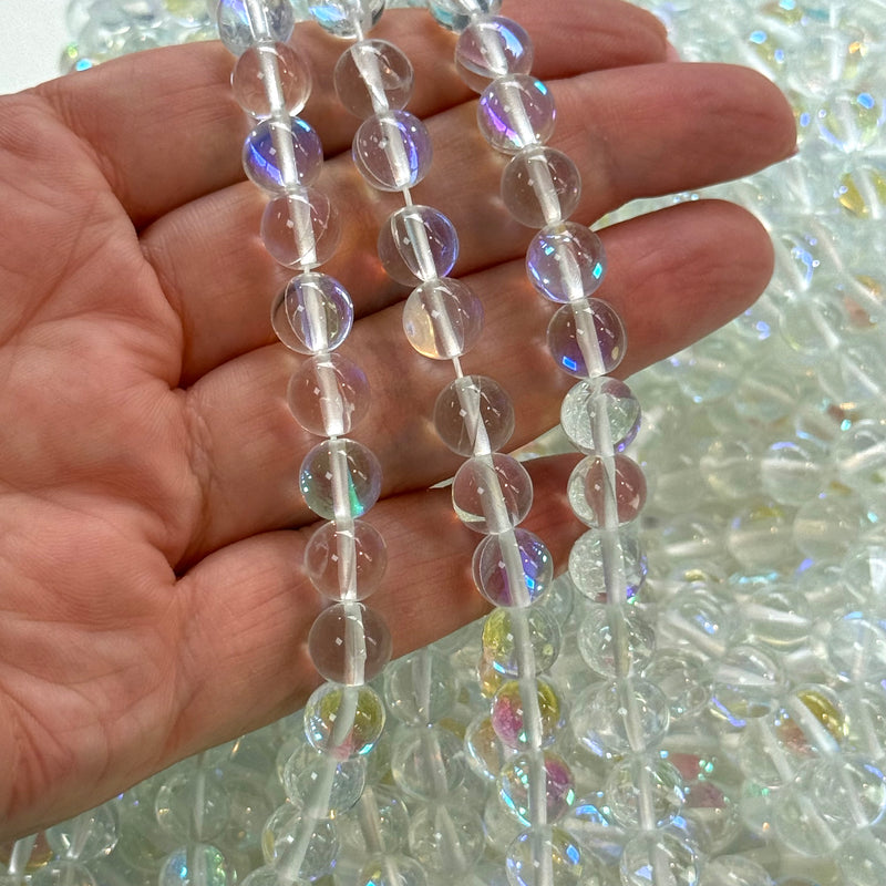 Aurora Borealis Crystal Mermaid Beads – Iridescent Round Glass Beads 8mm, 47 Beads per Strand