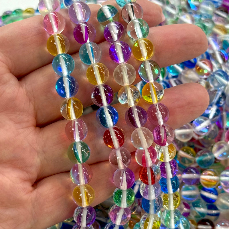 Aurora Borealis Rainbow Mermaid Beads – Iridescent Round Glass Beads 8mm, 47 Beads per Strand