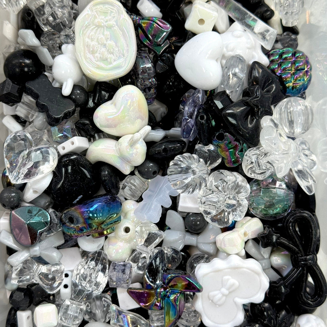 Black &amp; White Phone Lanyard Bead Mix – 50g Assorted Bows, Hearts &amp; Charms