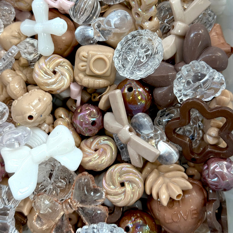 Coffee & Caramel Phone Lanyard Bead Mix – 50g Assorted Bows, Hearts & Charms