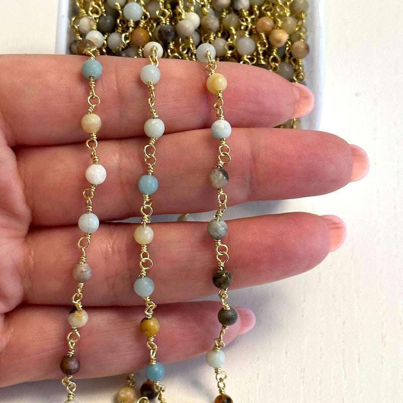 Amazonite Rosary Chain, 24Kt Gold Plated Gemstone Chain,
