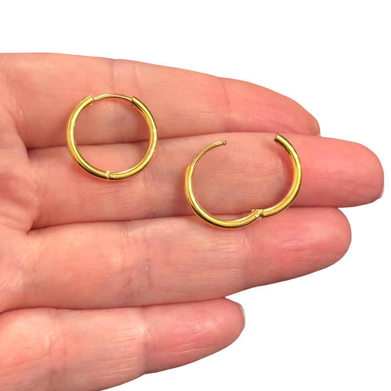 18mm 24Kt Gold Stainless Steel Hoop Earrings – Waterproof Hypoallergenic Round Sleeper Hoops, 1 Pair