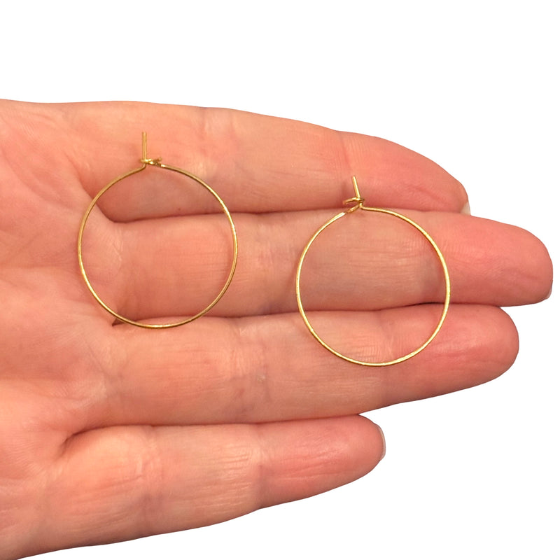 24Kt Gold Plated Stainless Steel Hoop Earring Findings – 30mm Wire Hoops with Open Loop, Sold by Pair