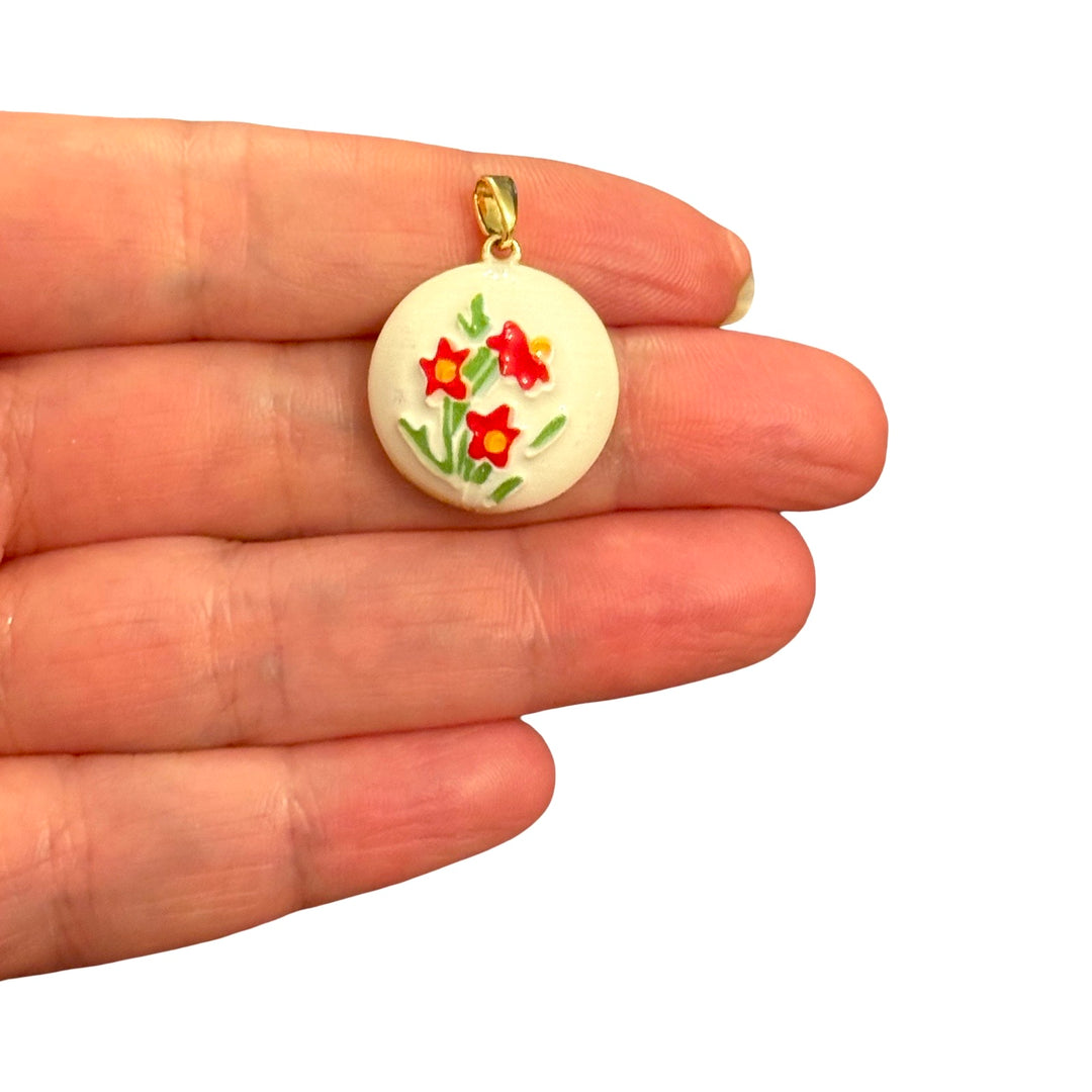 Red Wildflower Bouquet Raised Enamel 24Kt Gold Plated Round Charm with Bail – 26x20mm