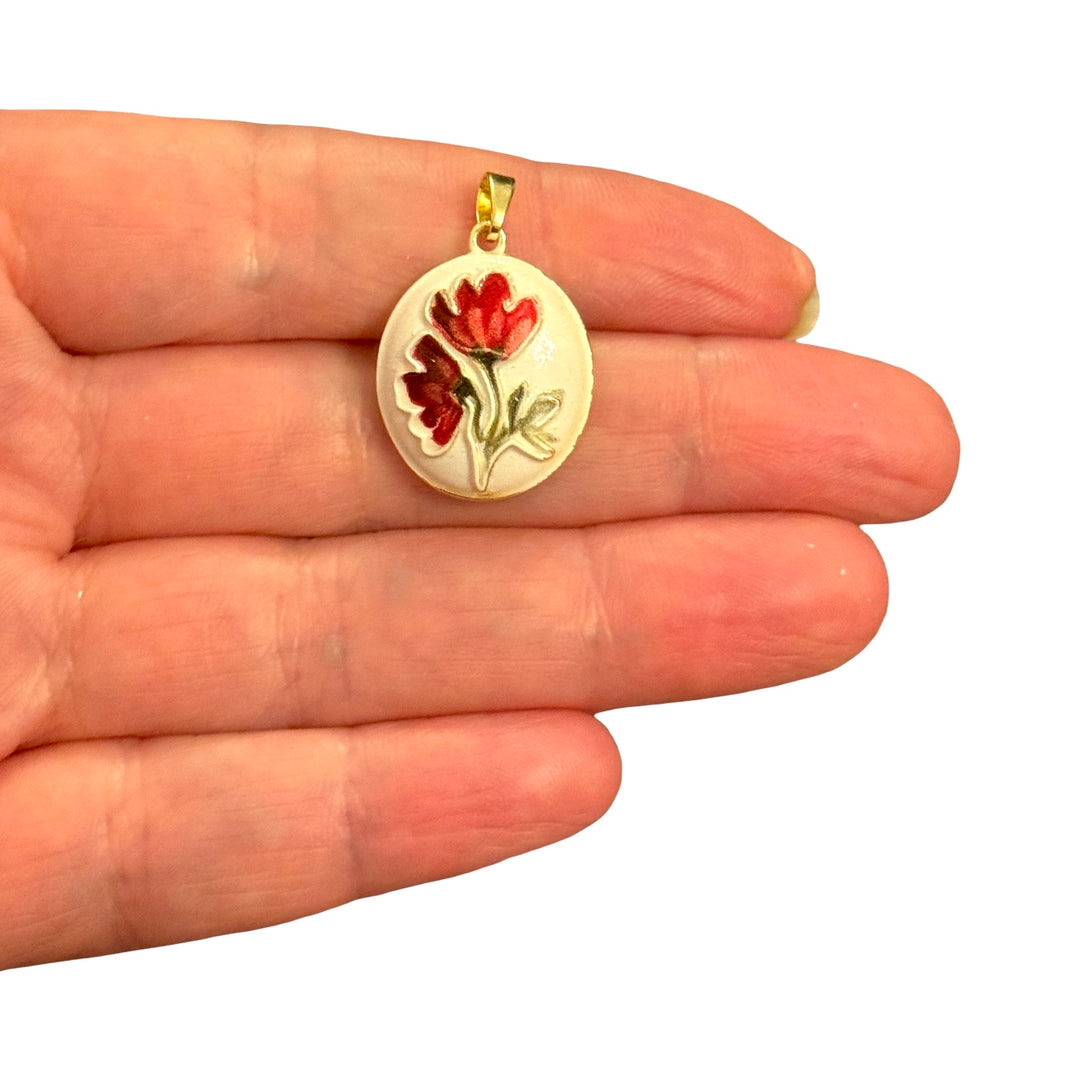 Two Red Flowers on Ivory Raised Enamel 24Kt Gold Plated Oval Charm with Bail – 26x17mm