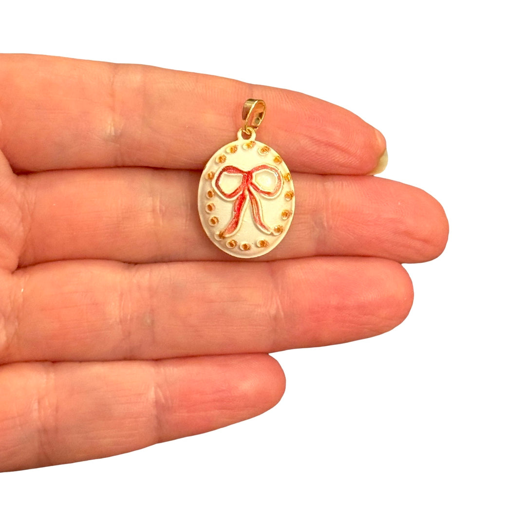 Red Ribbon Bow with Gold Dots Raised Enamel 24Kt Gold Plated Oval Charm with Bail – 26x16mm