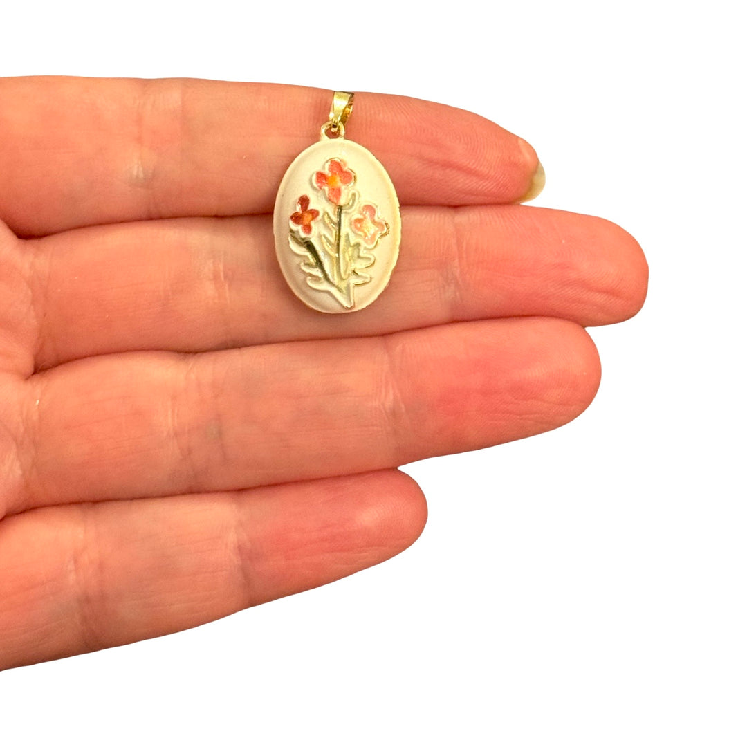 Pink and Coral Wildflower Bouquet Raised Enamel 24Kt Gold Plated Oval Charm with Bail – 26x16mm