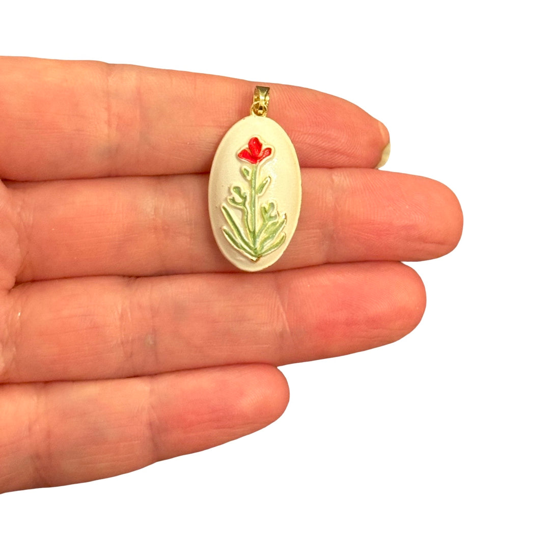 Single Red Flower Stem Raised Enamel 24Kt Gold Plated Long Oval Charm with Bail – 30x15mm
