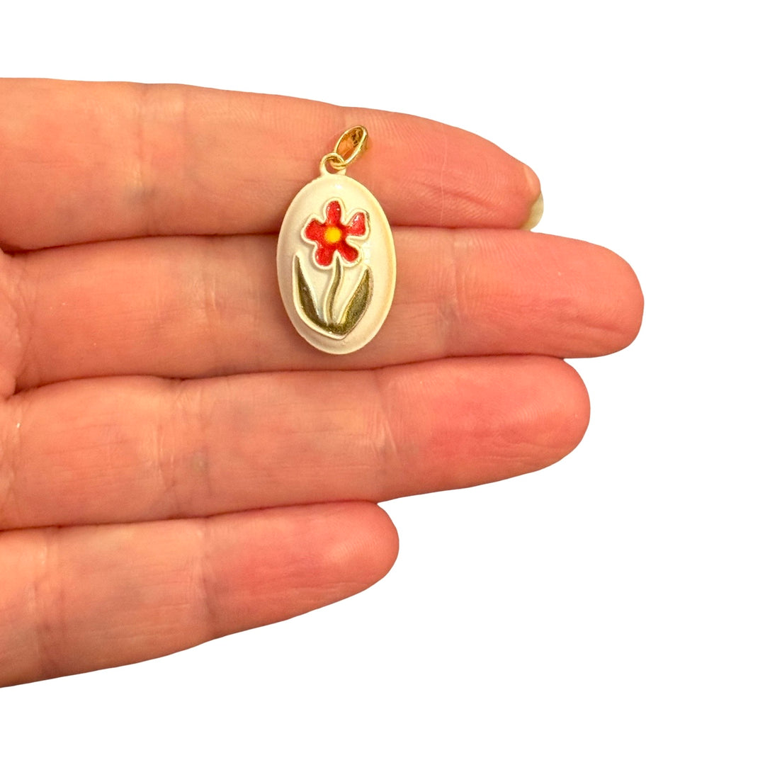 Red Five-Petal Flower Raised Enamel 24Kt Gold Plated Oval Charm with Bail – 26x16mm