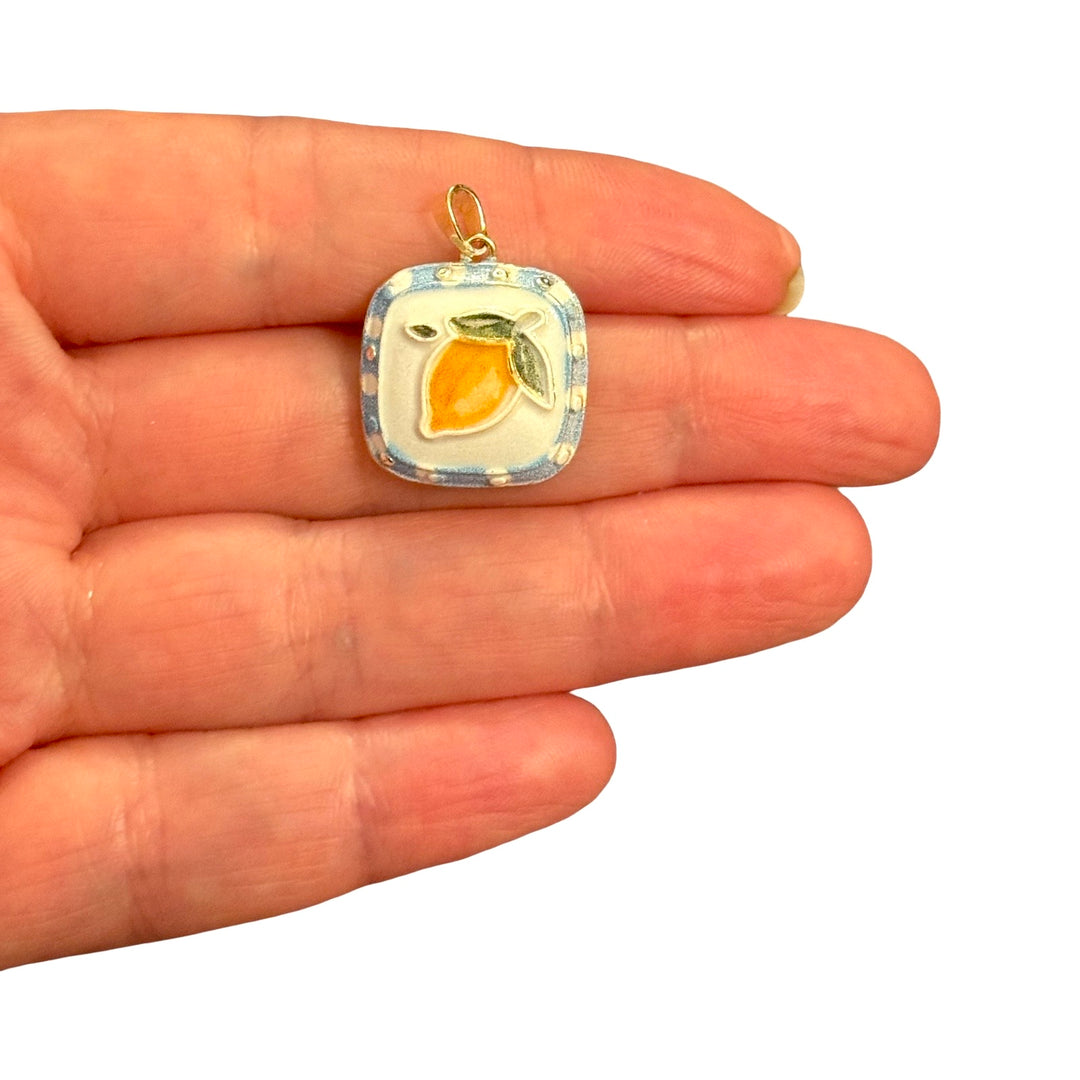 Yellow Lemon with Blue Check Border Raised Enamel 24Kt Gold Plated Square Charm with Bail – 25x19mm