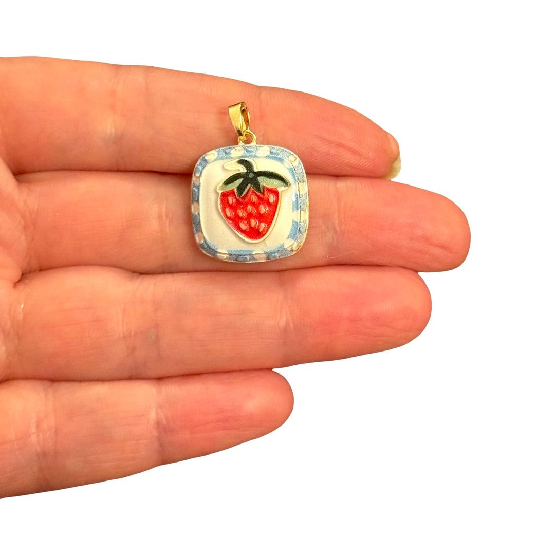 Red Strawberry with Blue Check Border Raised Enamel 24Kt Gold Plated Square Charm with Bail – 25x19mm