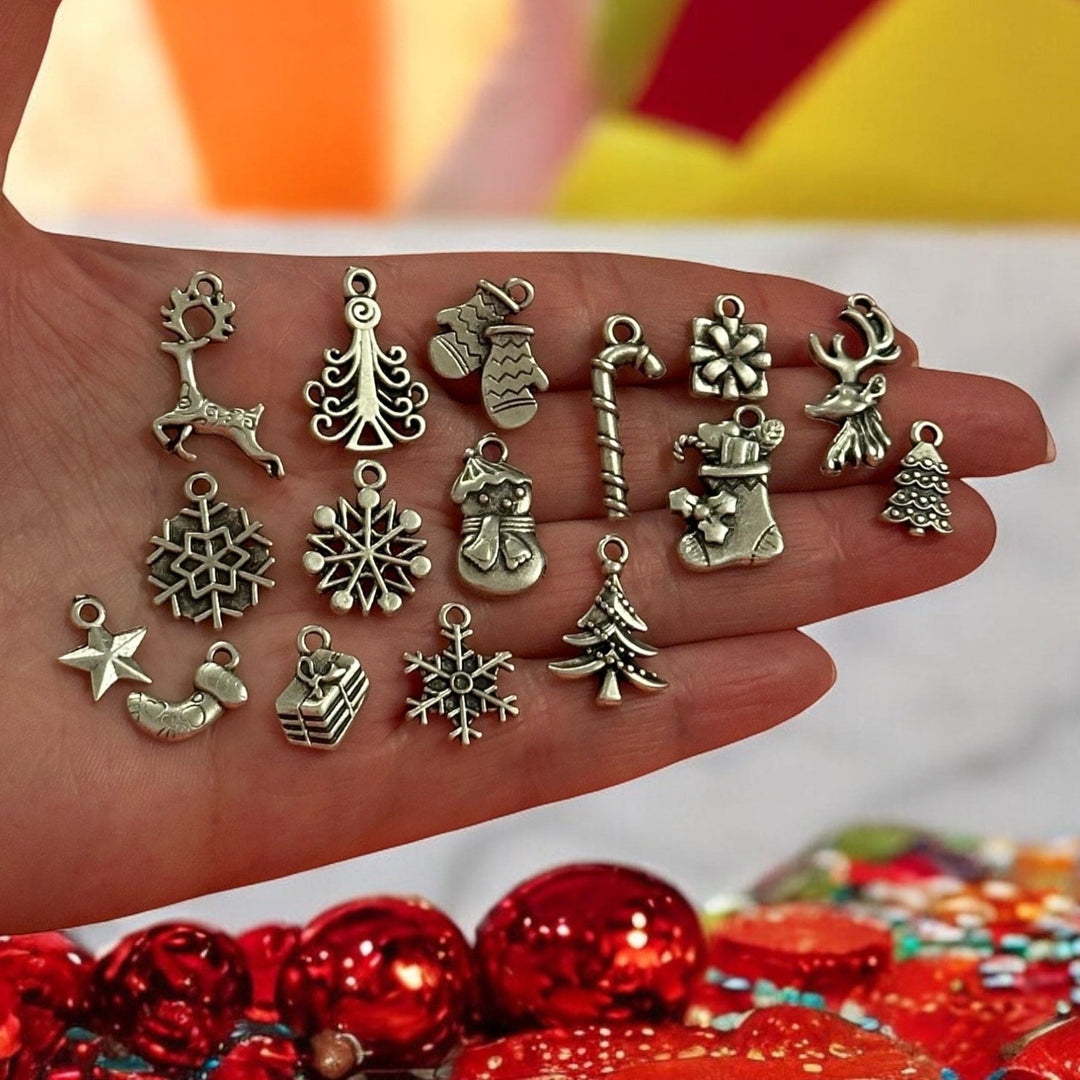 Antique Silver Plated Christmas Charms Collection, 16 Charms in a pack