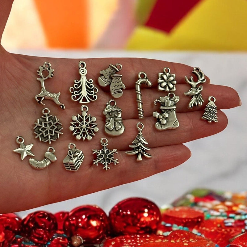 Antique Silver Plated Christmas Charms Collection, 16 Charms in a pack