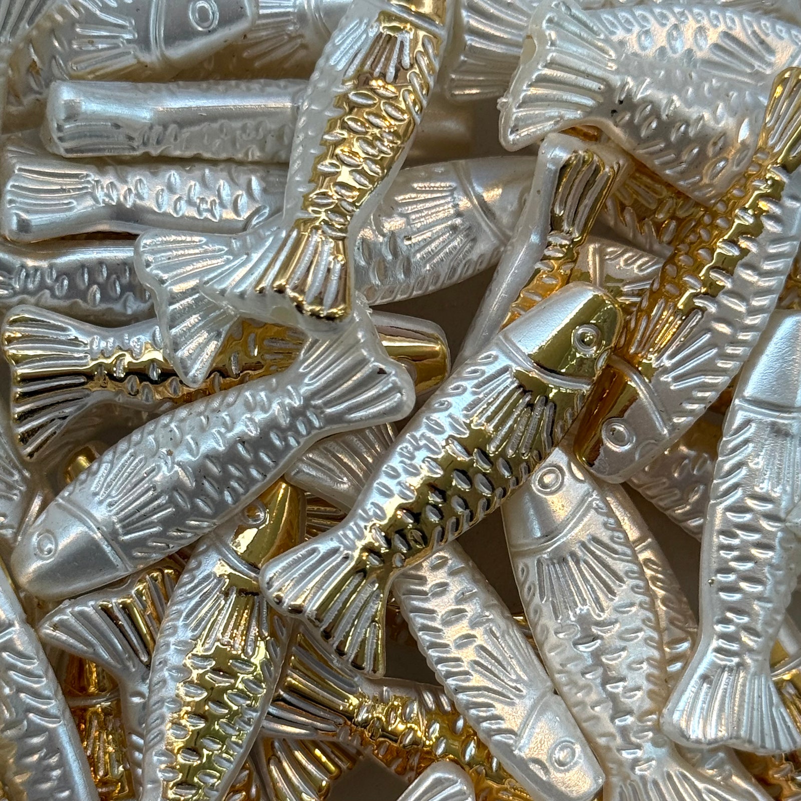 Pearl White & Gold Slim Fish Charms