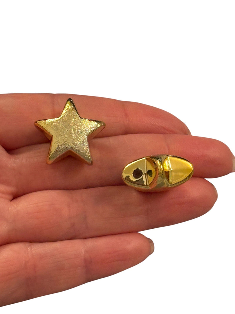 24Kt Gold Plated 22mm Brushed Finish Puffy Star Charms, Gold Star Charms with 2mm Horizontal Hole, 2 pcs in a pack
