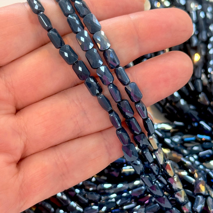 Faceted Baguette Crystal Glass Beads – Midnight Navy AB, 7x4.5x3.5mm, 80 Beads, 54.5cm / 21.5" Strand