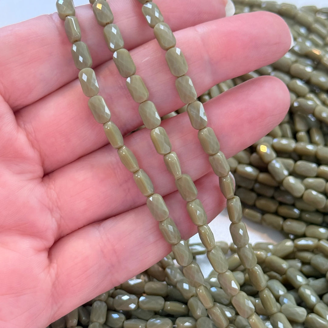 Faceted Baguette Crystal Glass Beads – Sage Khaki AB, 7x4.5x3.5mm, Approx. 78–80 Beads, 54.5cm / 21.5" Strand
