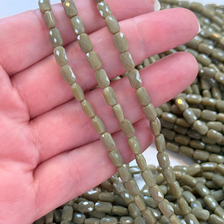 Faceted Baguette Crystal Glass Beads – Sage Khaki AB, 7x4.5x3.5mm, Approx. 78–80 Beads, 54.5cm / 21.5" Strand