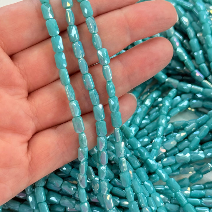 Faceted Baguette Crystal Glass Beads – Aqua Turquoise AB, 7x4.5x3.5mm, Approx. 78–80 Beads, 54.5cm / 21.5" Strand