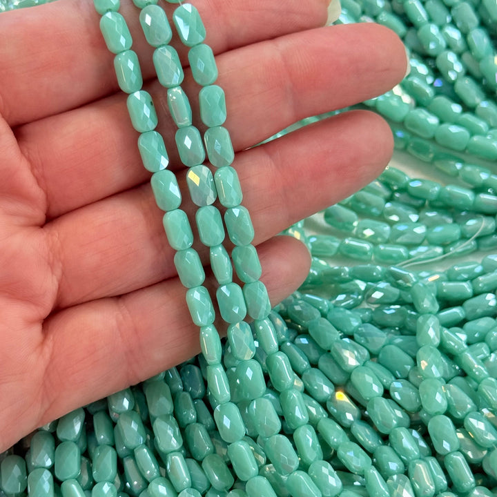 Faceted Baguette Crystal Glass Beads – Mint Turquoise AB, 7x4.5x3.5mm, Approx. 78–80 Beads, 54.5cm / 21.5" Strand