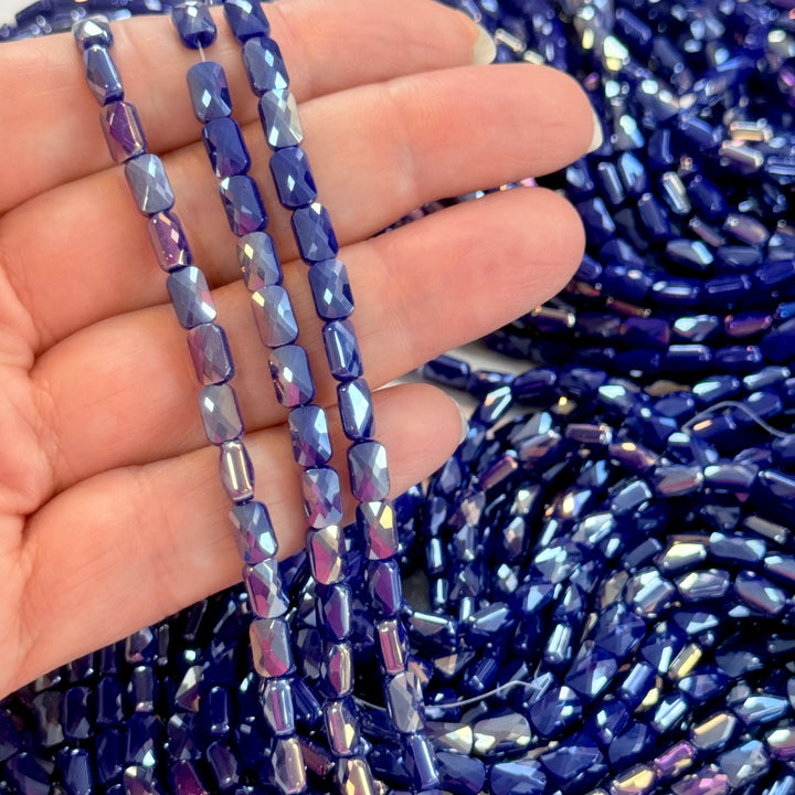 Faceted Baguette Crystal Glass Beads – Royal Blue AB, 7x4.5x3.5mm, Approx. 78–80 Beads, 54.5cm / 21.5" Strand