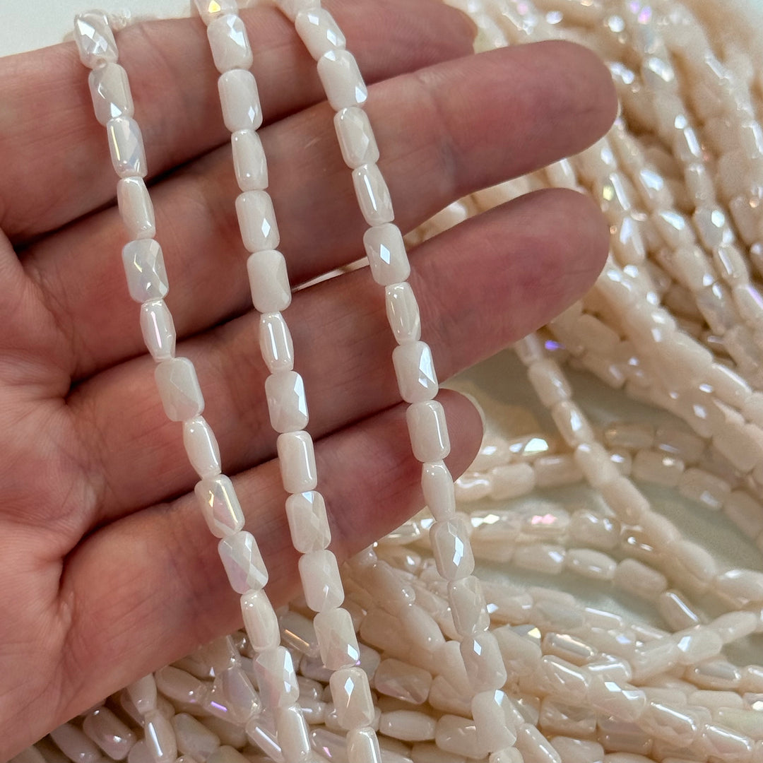 Faceted Baguette Crystal Glass Beads – Pearl Ivory AB, 7x4.5x3.5mm, Approx. 78–80 Beads, 54.5cm / 21.5" Strand