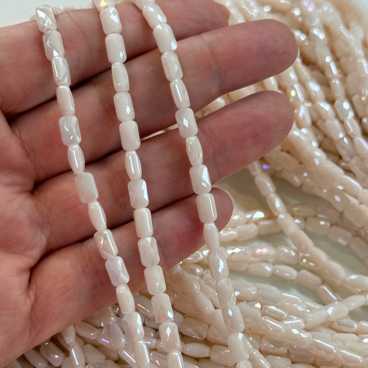 Faceted Baguette Crystal Glass Beads – Pearl Ivory AB, 7x4.5x3.5mm, Approx. 78–80 Beads, 54.5cm / 21.5" Strand