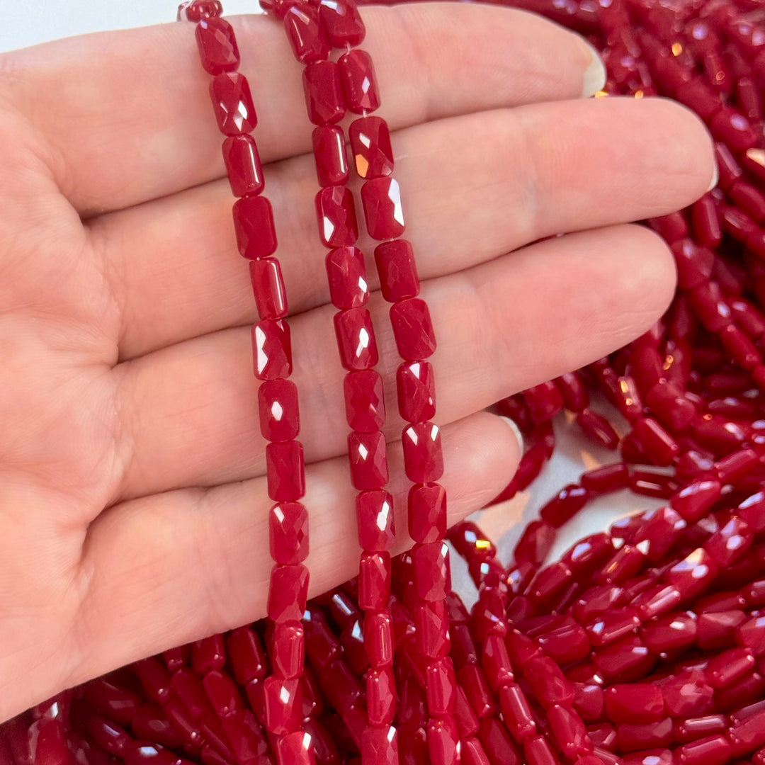 Faceted Baguette Crystal Glass Beads – Deep Ruby Red, 7x4.5x3.5mm, Approx. 78–80 Beads, 54.5cm / 21.5" Strand
