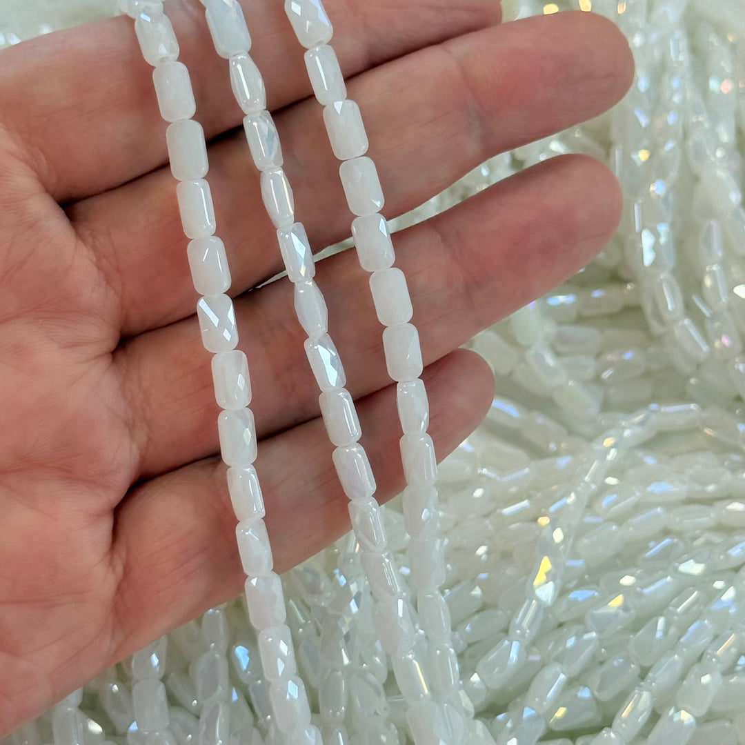 Faceted Baguette Crystal Glass Beads – Milky White AB, 7x4.5x3.5mm, Approx. 78–80 Beads, 54.5cm / 21.5" Strand