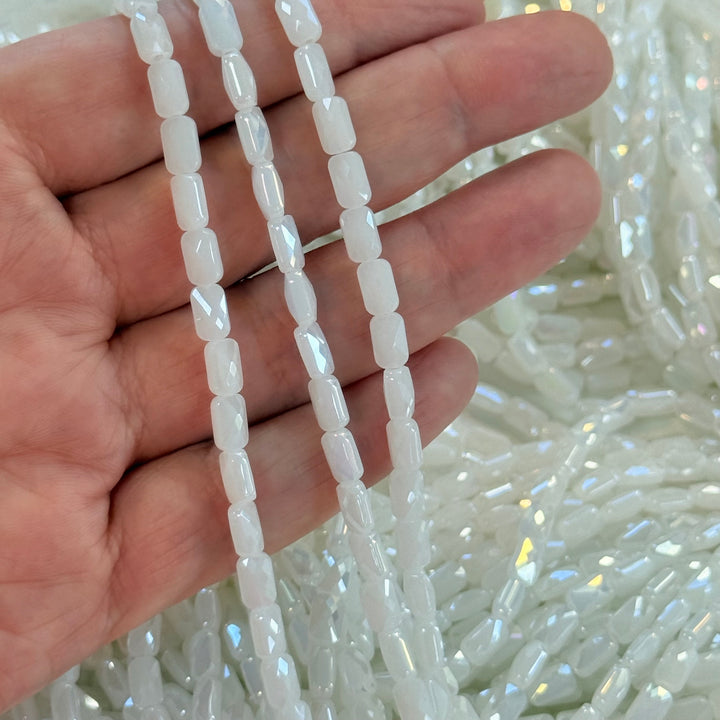 Faceted Baguette Crystal Glass Beads – Milky White AB, 7x4.5x3.5mm, Approx. 78–80 Beads, 54.5cm / 21.5" Strand