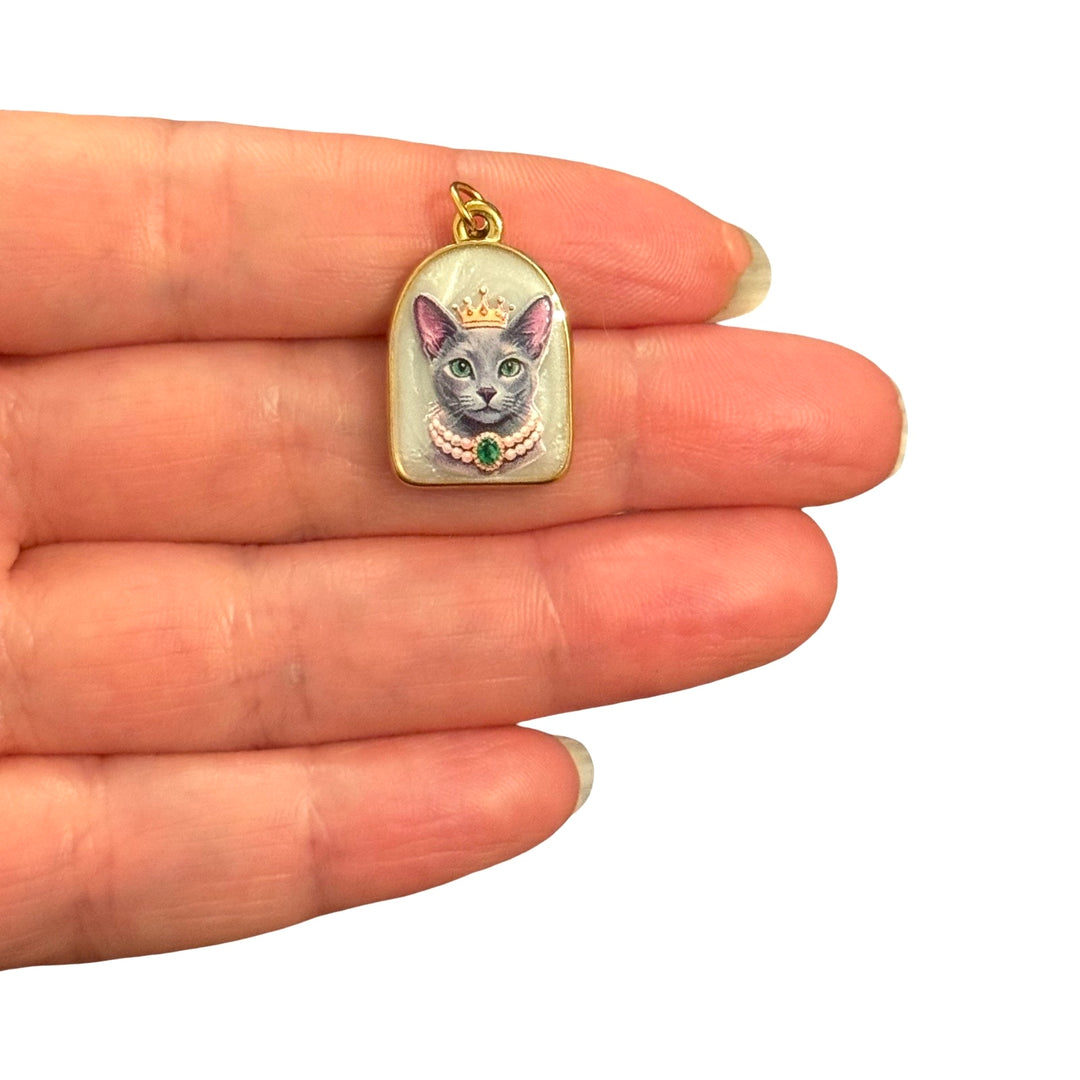 Waterproof 24Kt PVD Gold Plated Stainless Steel Royal Cat Charm – Crown &amp; Pearl Necklace, 23x15mm