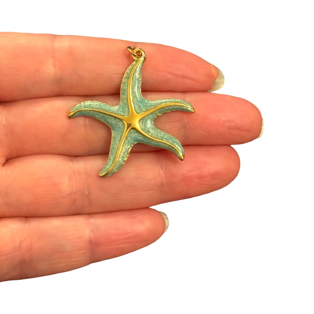 Waterproof 24Kt PVD Gold Plated Stainless Steel Turquoise Enamel Starfish Charm – 36x35mm