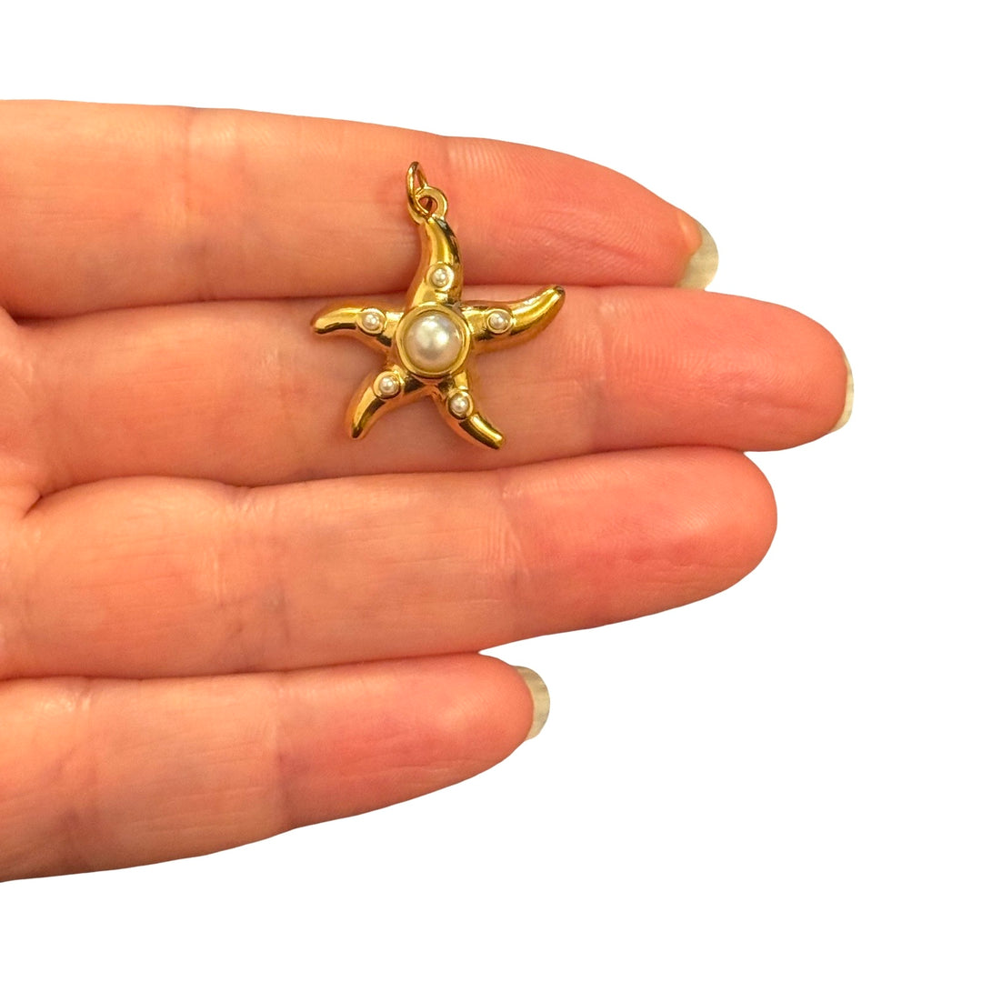 Waterproof 24Kt PVD Gold Plated Stainless Steel Pearl Starfish Charm – 23x21mm