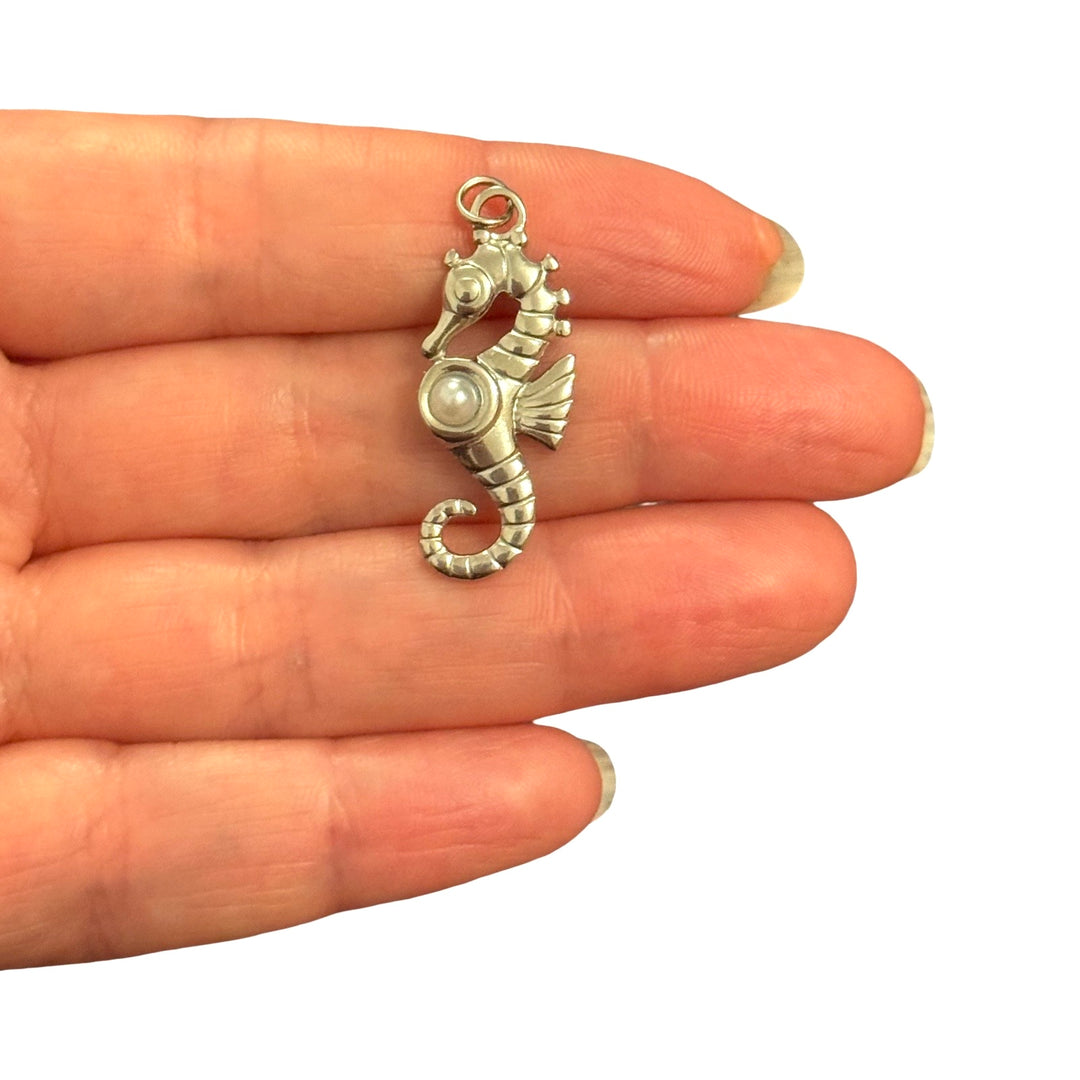 Waterproof Stainless Steel Pearl Seahorse Charm – 31x14mm